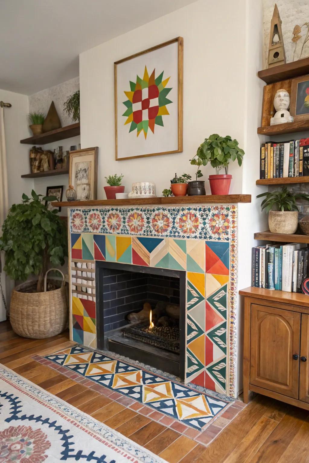 An eye-catching geometric tile design turns this fireplace into a visual spectacle.