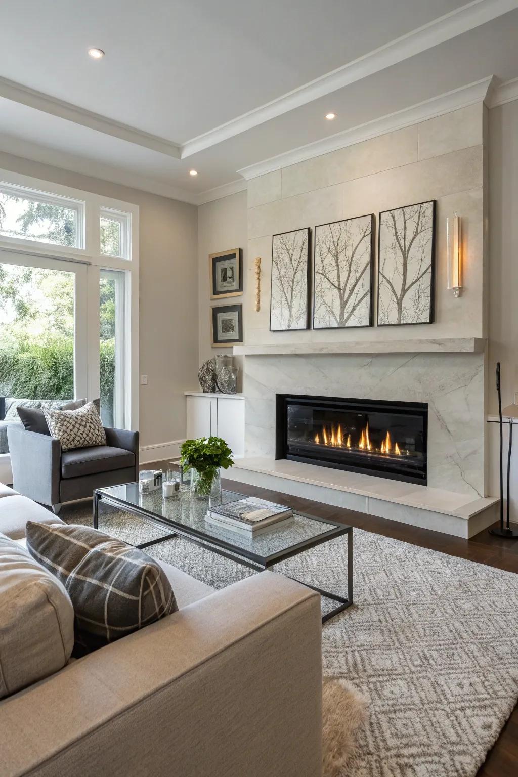 Clear edges create a sleek, contemporary fireplace appearance.