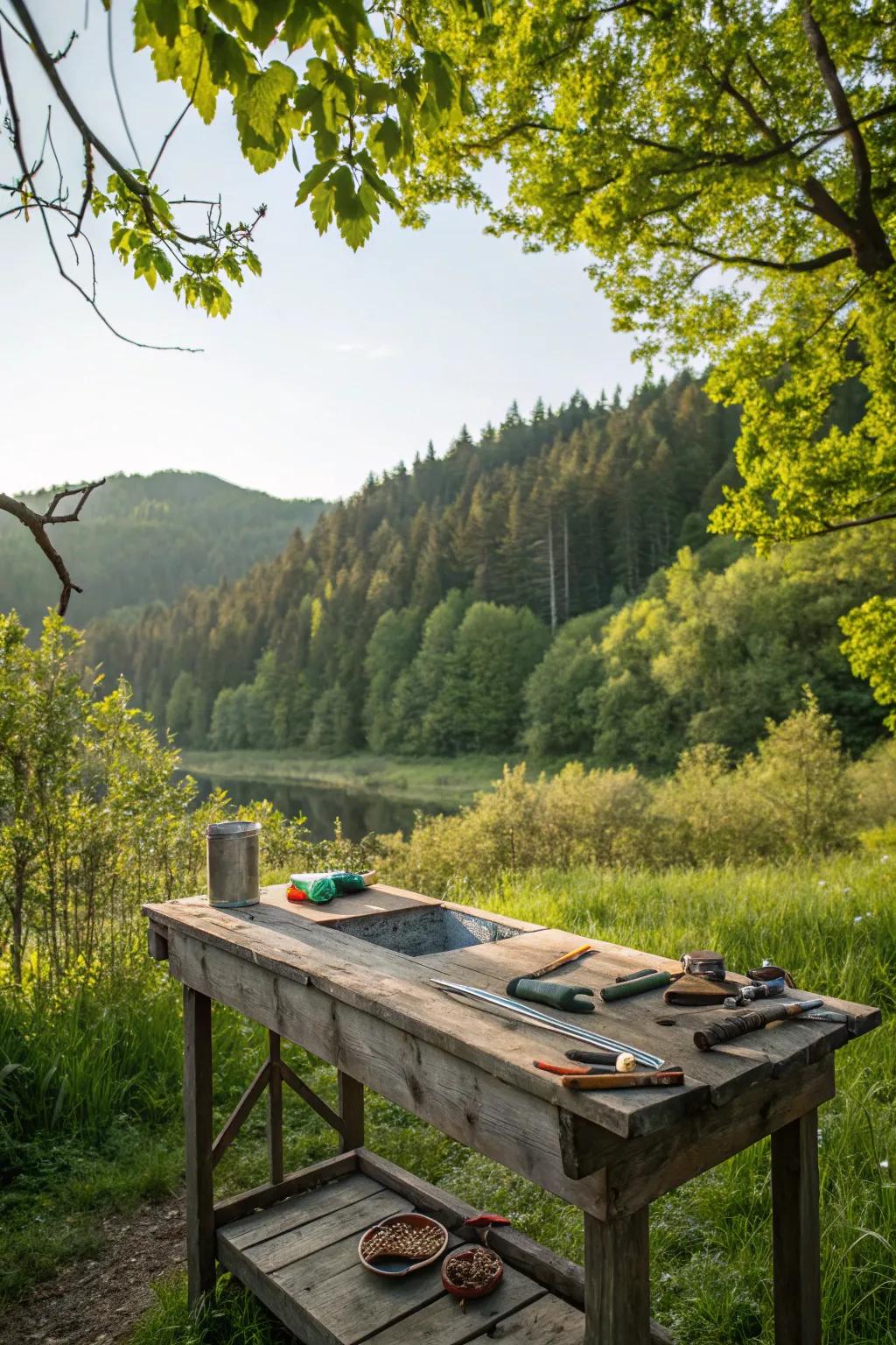 A country-style wooden table that combines utility and beauty.