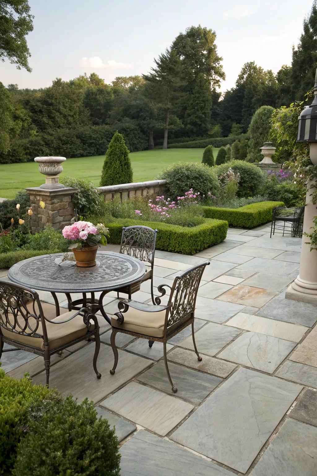 A sophisticated furniture arrangement graces a flagstone patio.