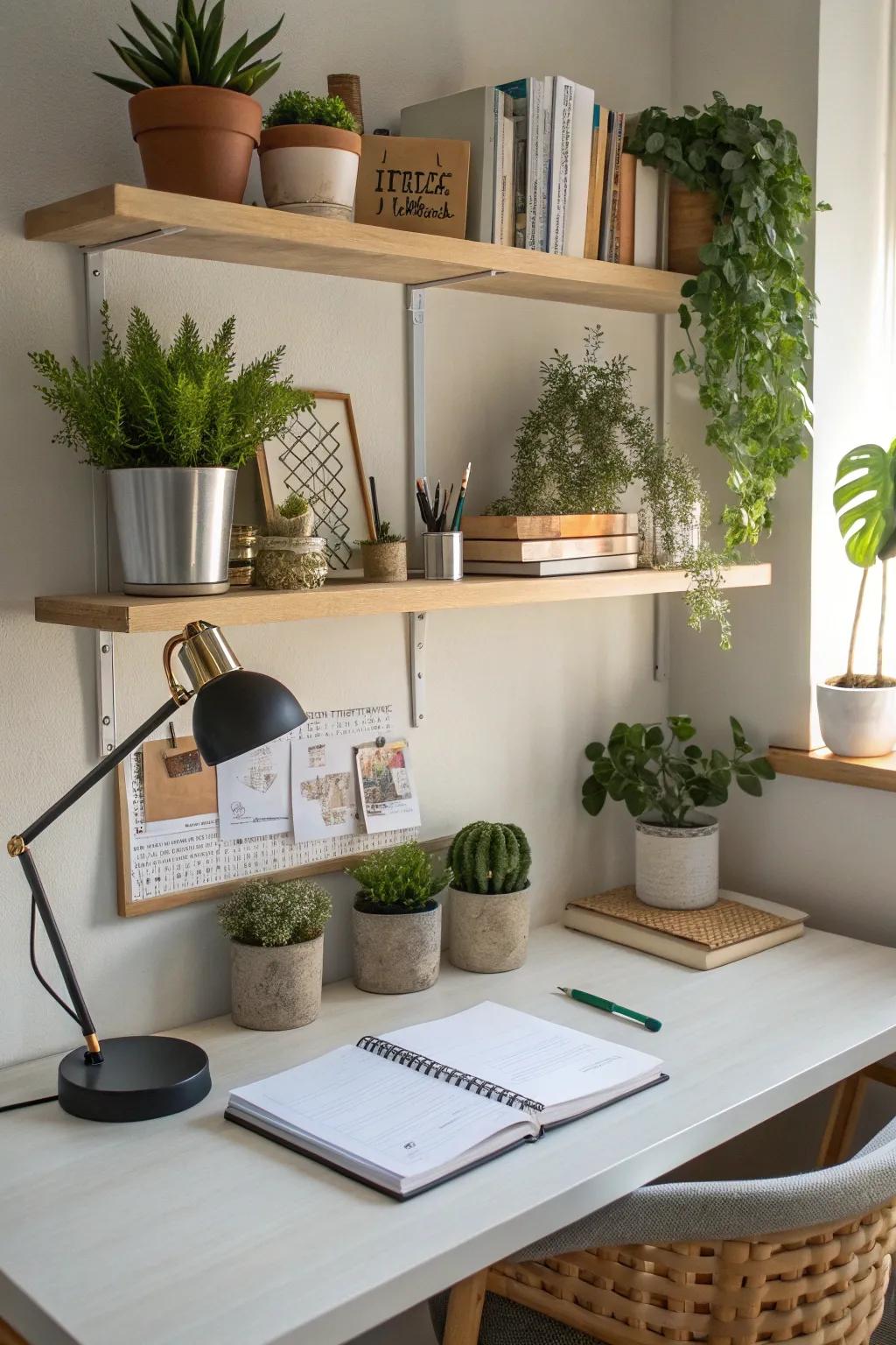 Bring in nature with small plants on floating shelves above your desk.