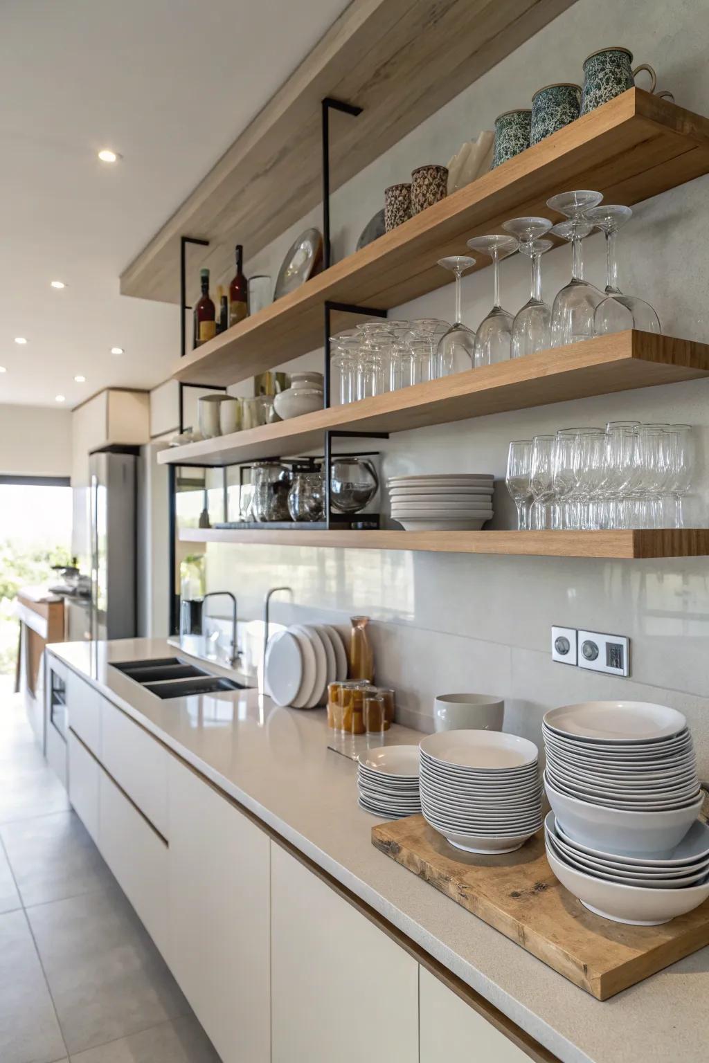 A kitchen featuring floating shelves displaying elegant dishware.