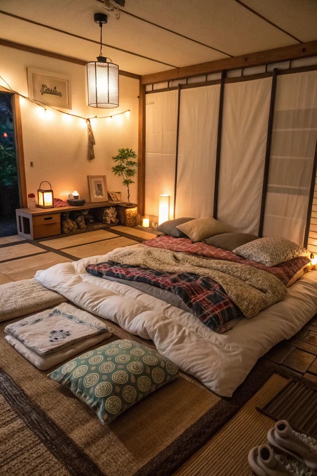 Layered fabrics bring warmth and comfort to a minimalist floor bed.