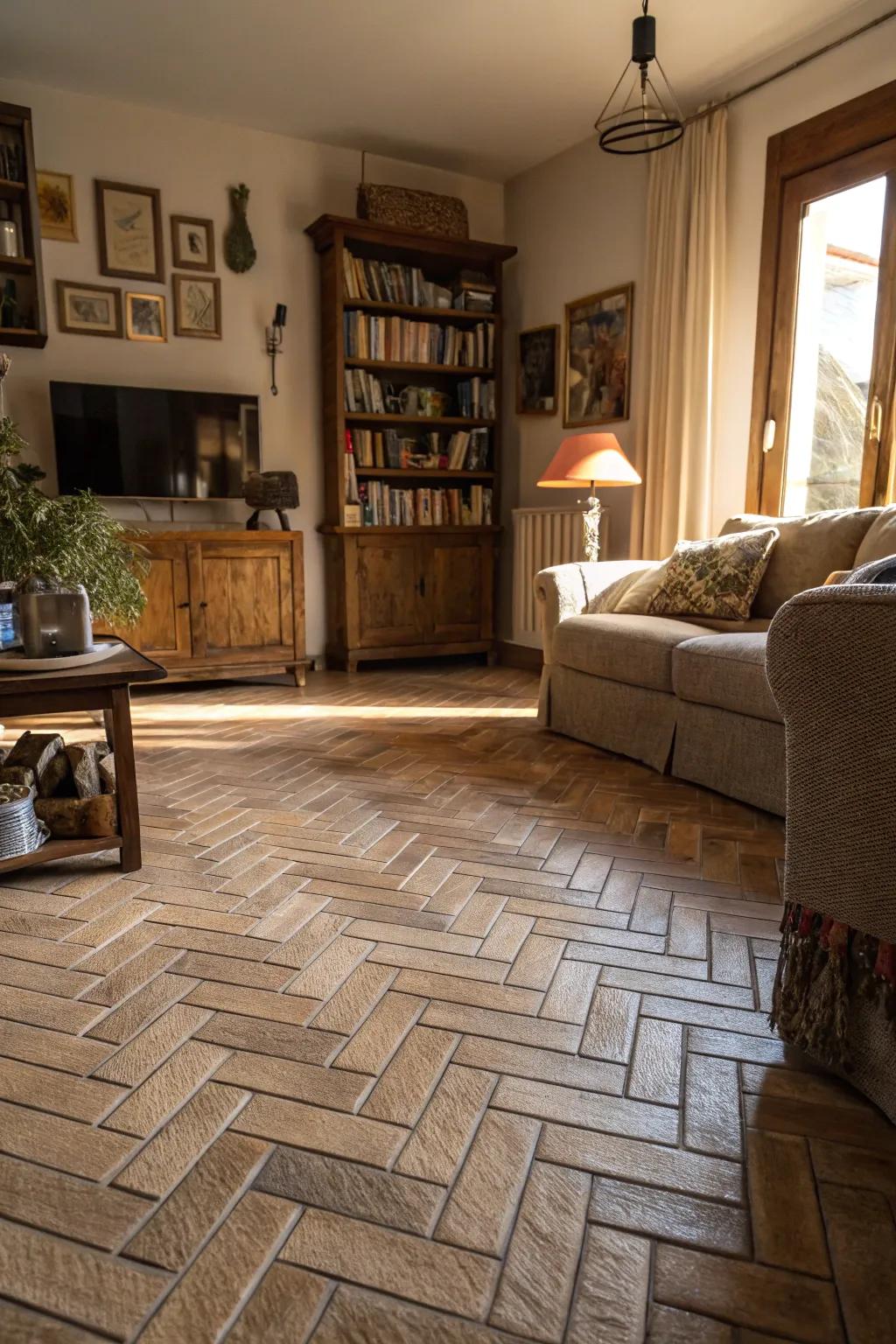 Herringbone strips generate a sense of flow in living spaces.