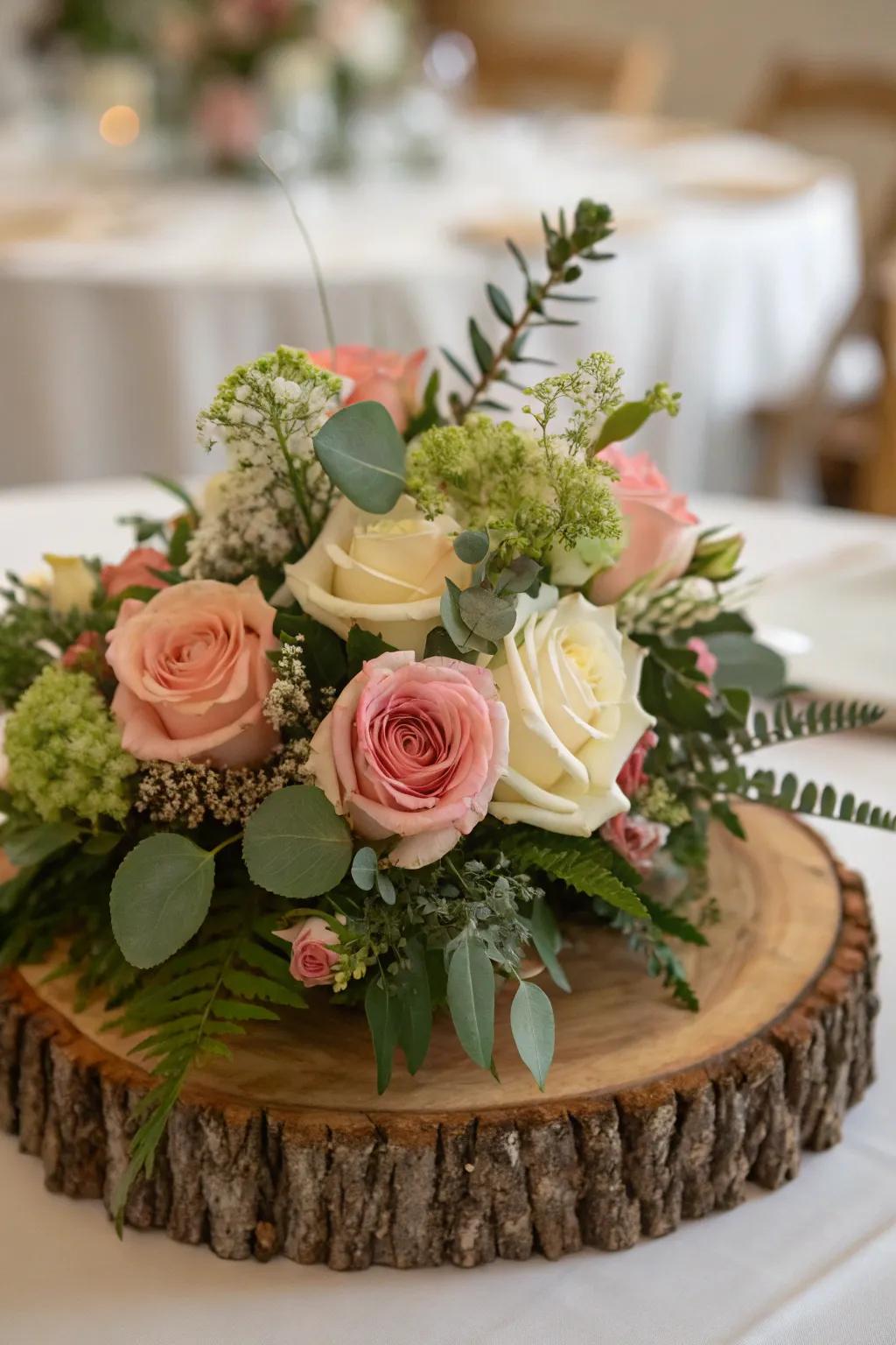 A floral centerpiece featuring roses and foliage on a wooden slice.