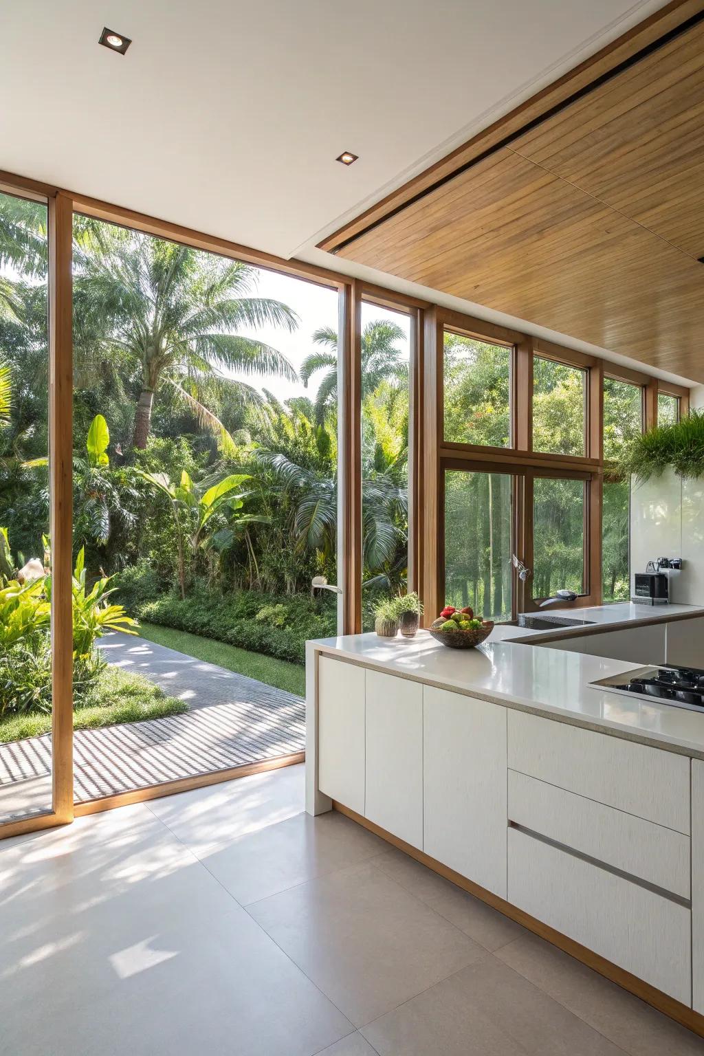 A kitchen filled with natural light, highlighting a seamless connection to the outdoors.