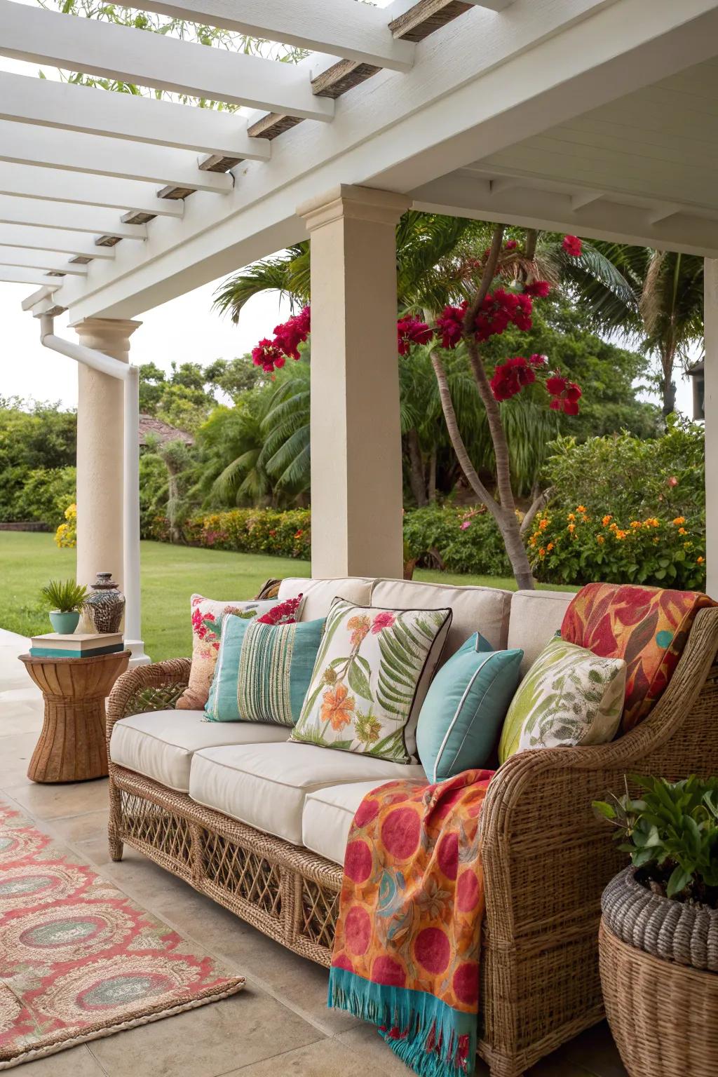 Inject character into your lanai with eye-catching textiles.