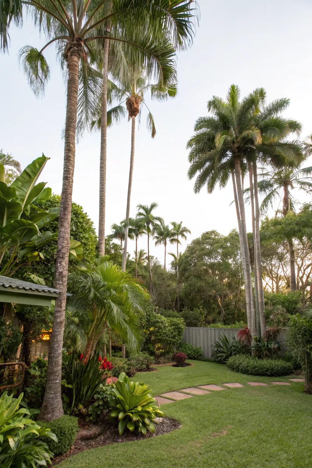 Palms establish the setting for a peaceful tropical getaway in your personal outdoor space.