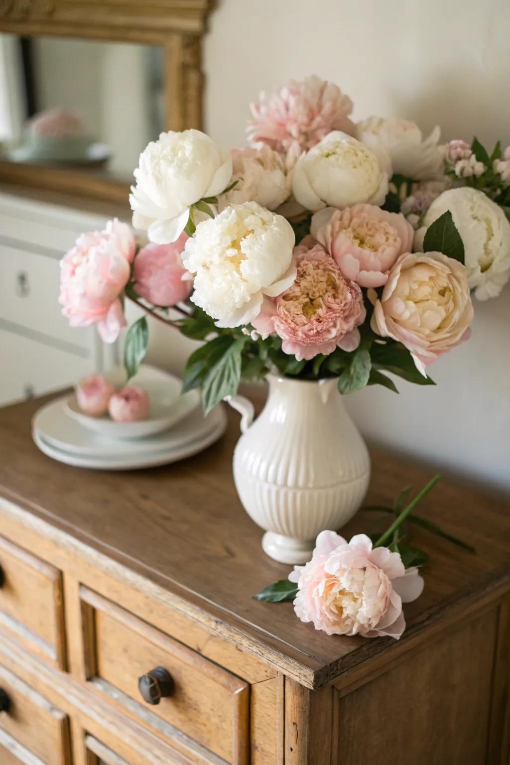An enchanting peony arrangement showcasing soft pastel colors.