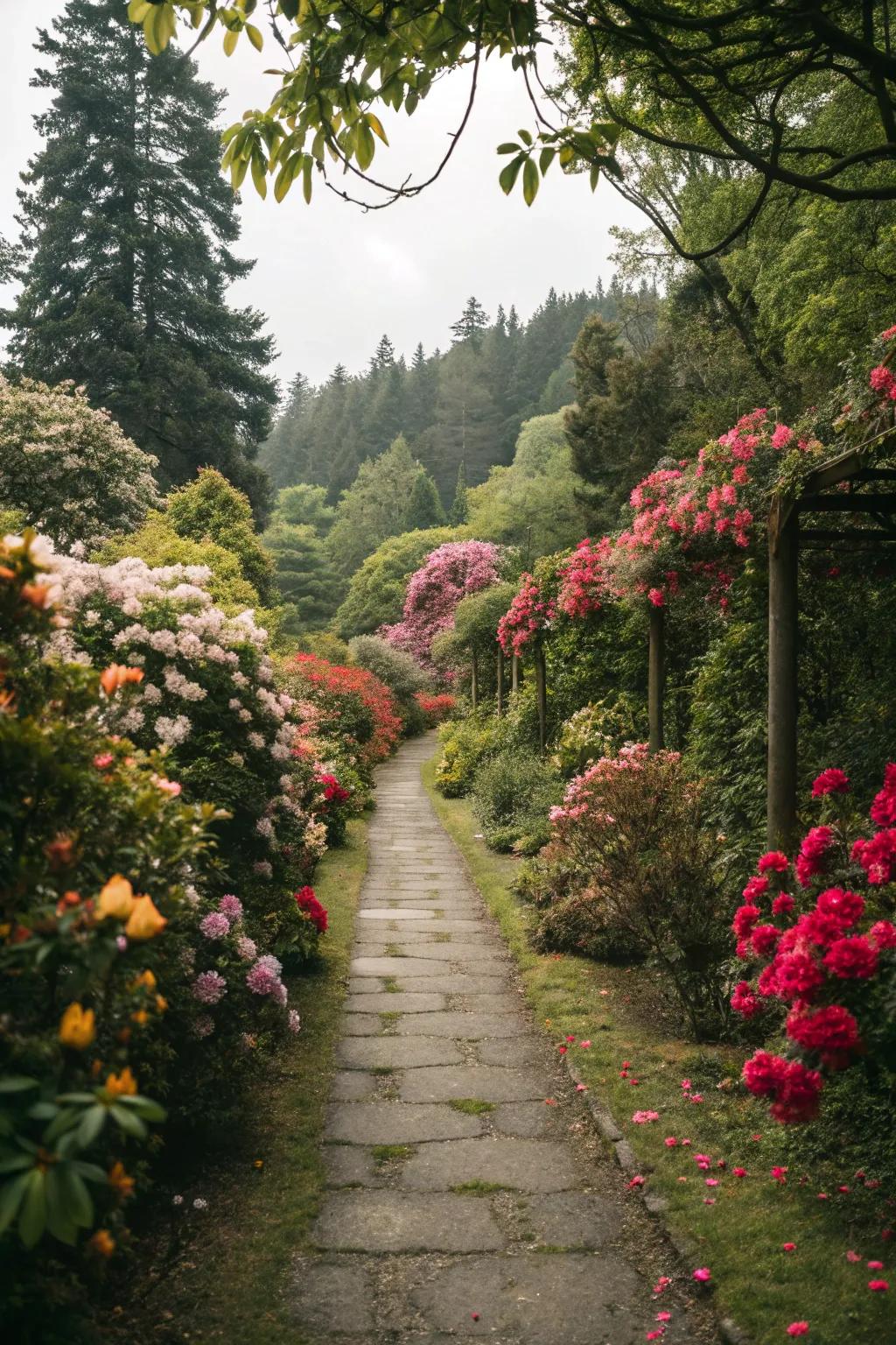 An attractive garden walkway bordered by blossoming flowers.
