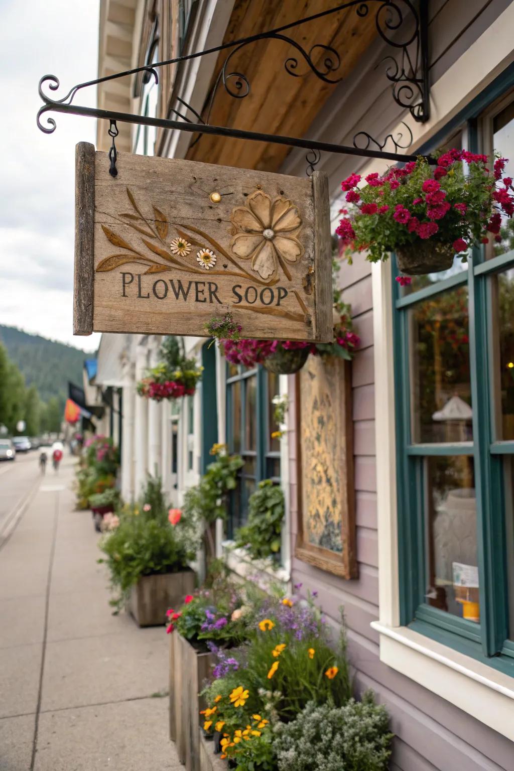 Weathered timber marker providing ageless refinement to the store facade