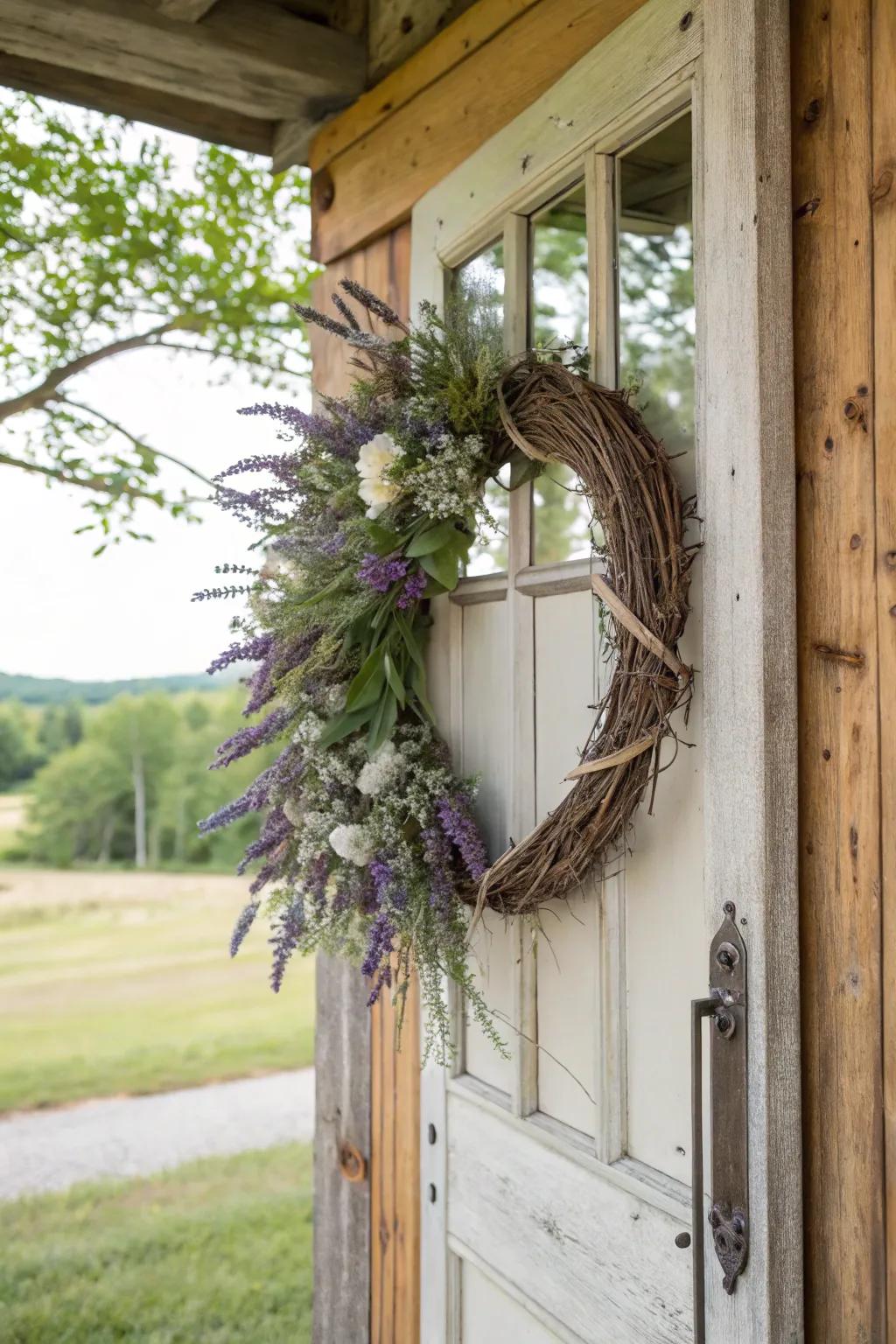 Earthy allure with a branch and floral wreath.