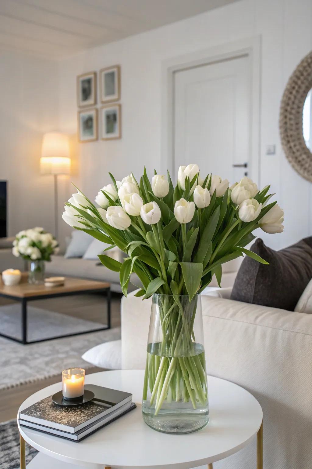 Pale tulips setting a peaceful mood in a modern living room.