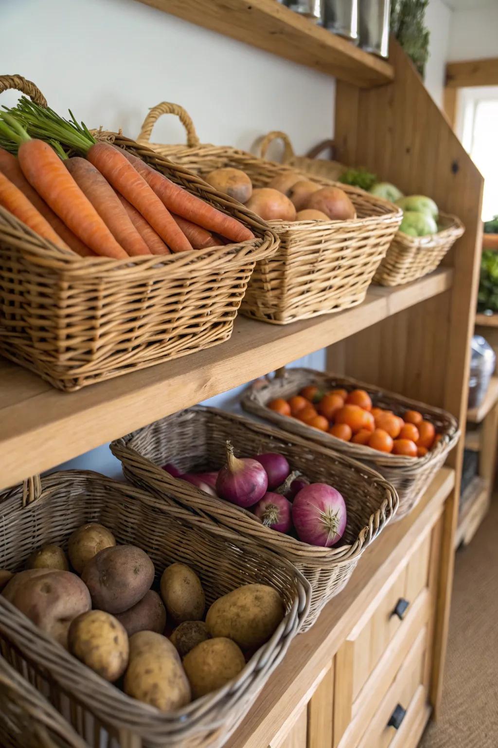Braided baskets give warmth and practicality to kitchen storage.
