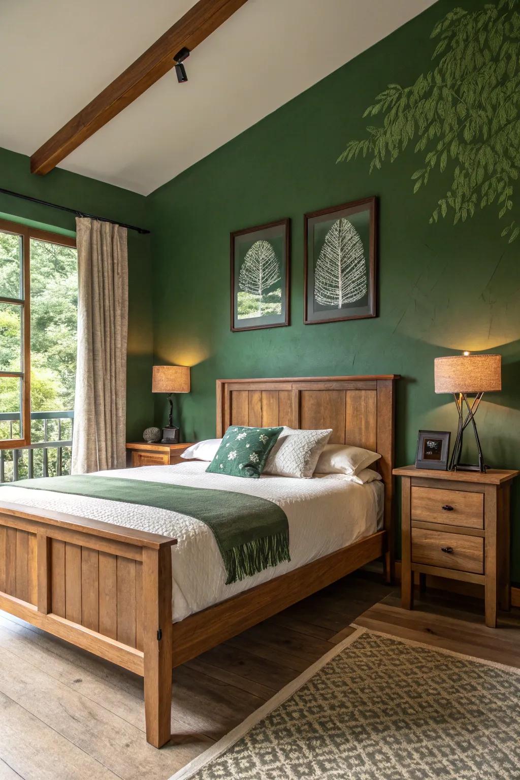 Natural wood enhances the deep tones of forest green.