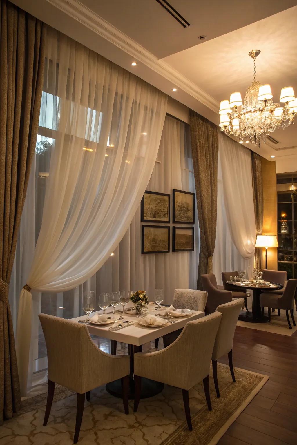 Layered light and bulky curtains give dimension and sophistication to this dining space.