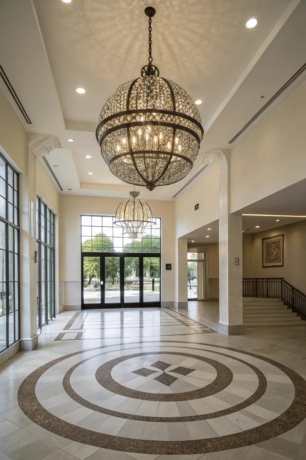 A streamlined orb chandelier injects modern elegance into this radiant foyer.