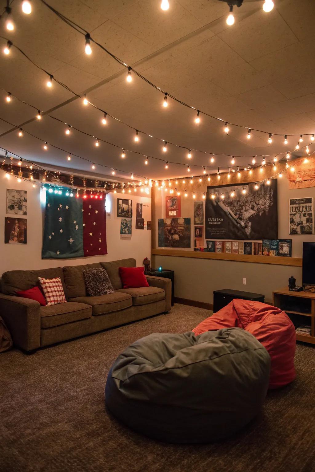 Twinkling lights bring a cozy vibe to your dorm room.