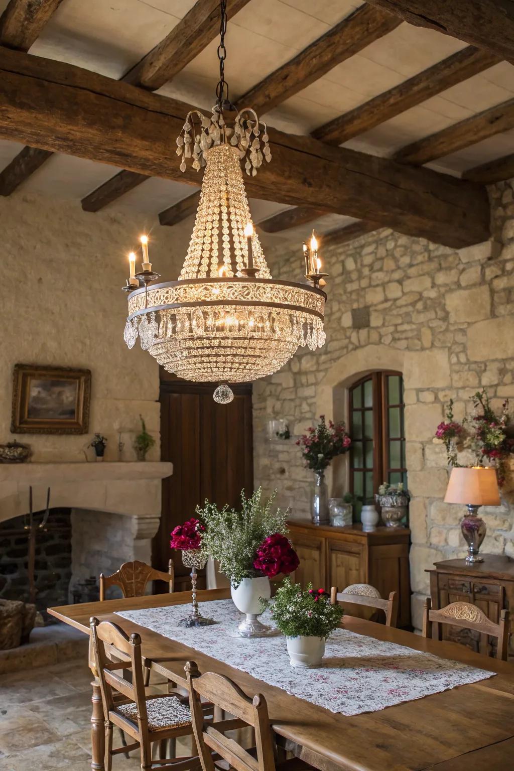 A glass hanging lamp adds class and warmth to the dining space.