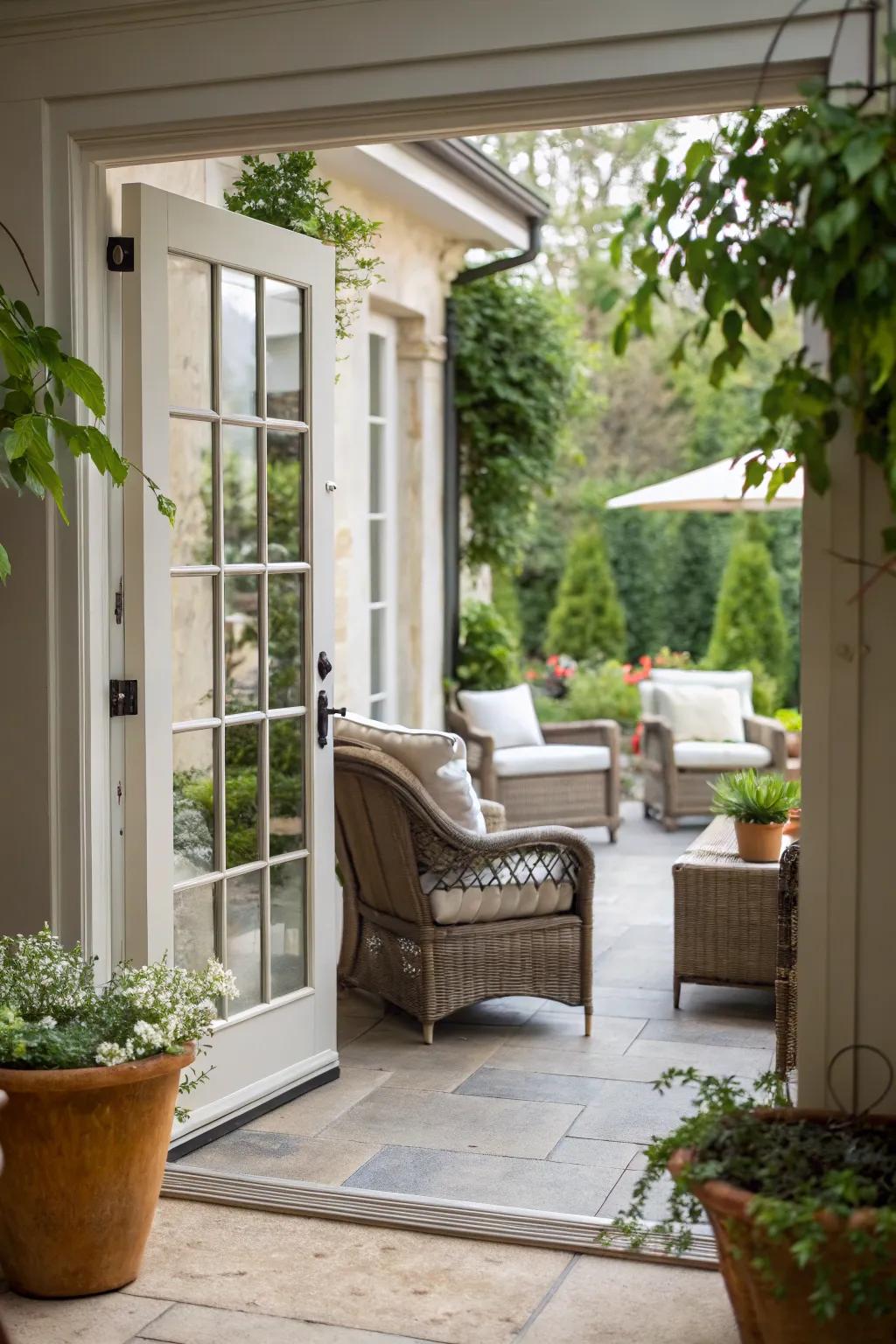 French doors make it easy to move between indoor and outdoor living spaces.