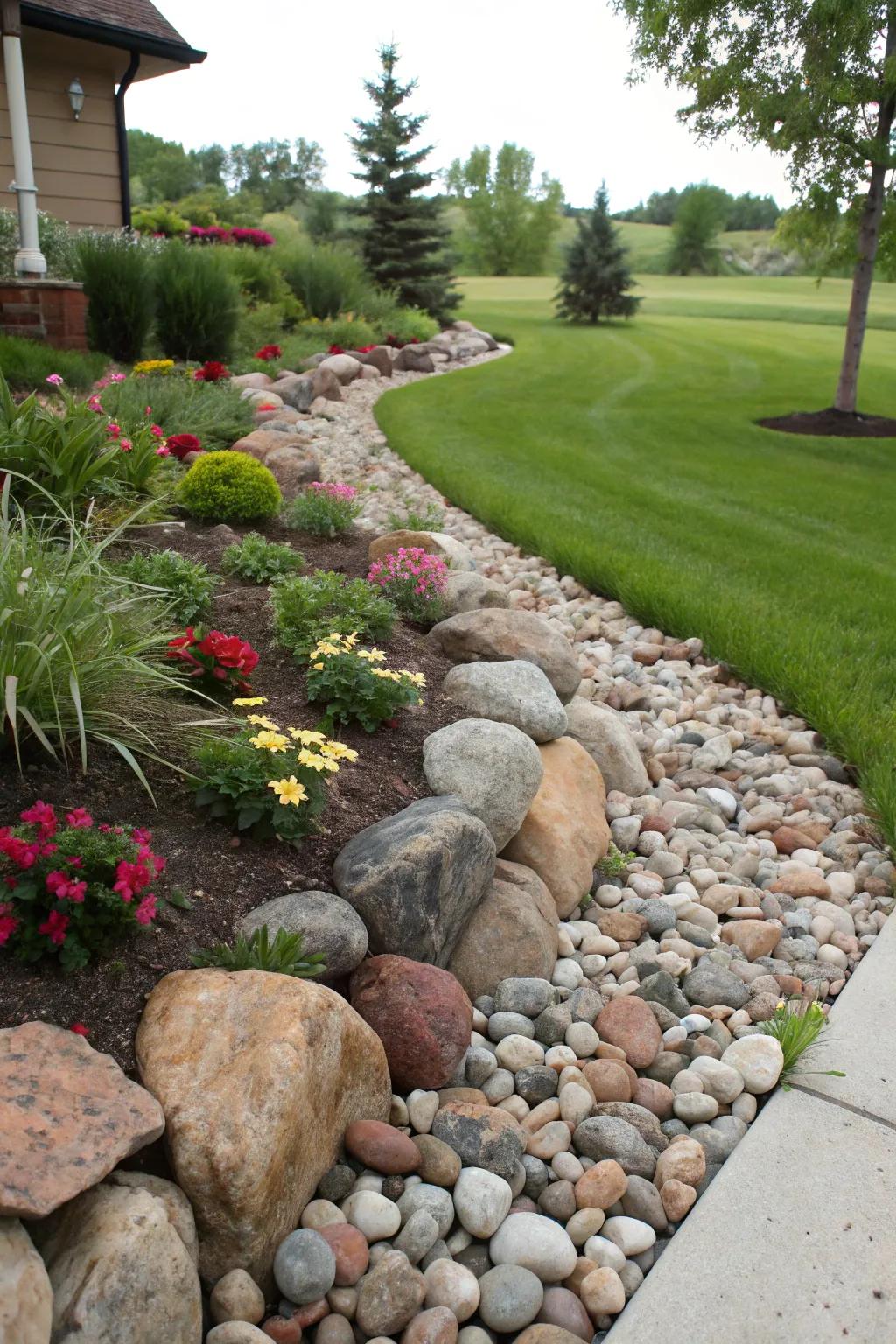A French drain artfully hidden beneath a collection of decorative rocks.