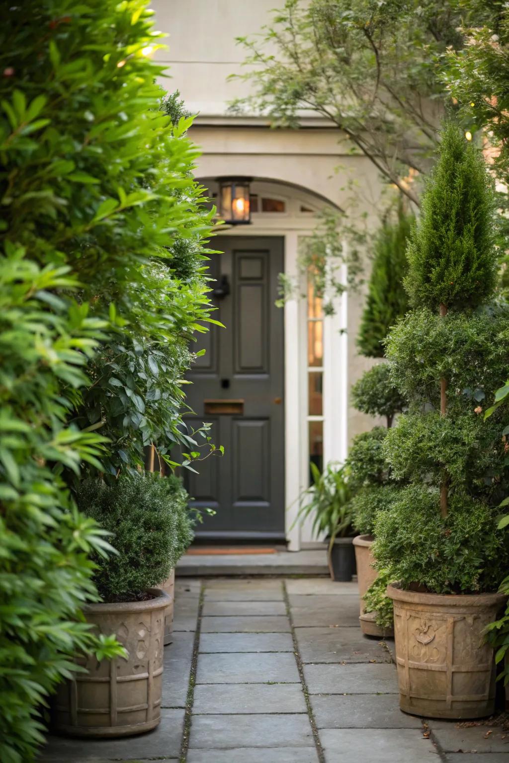 Elevated potted flora bestows a verdant reception at the doorway.