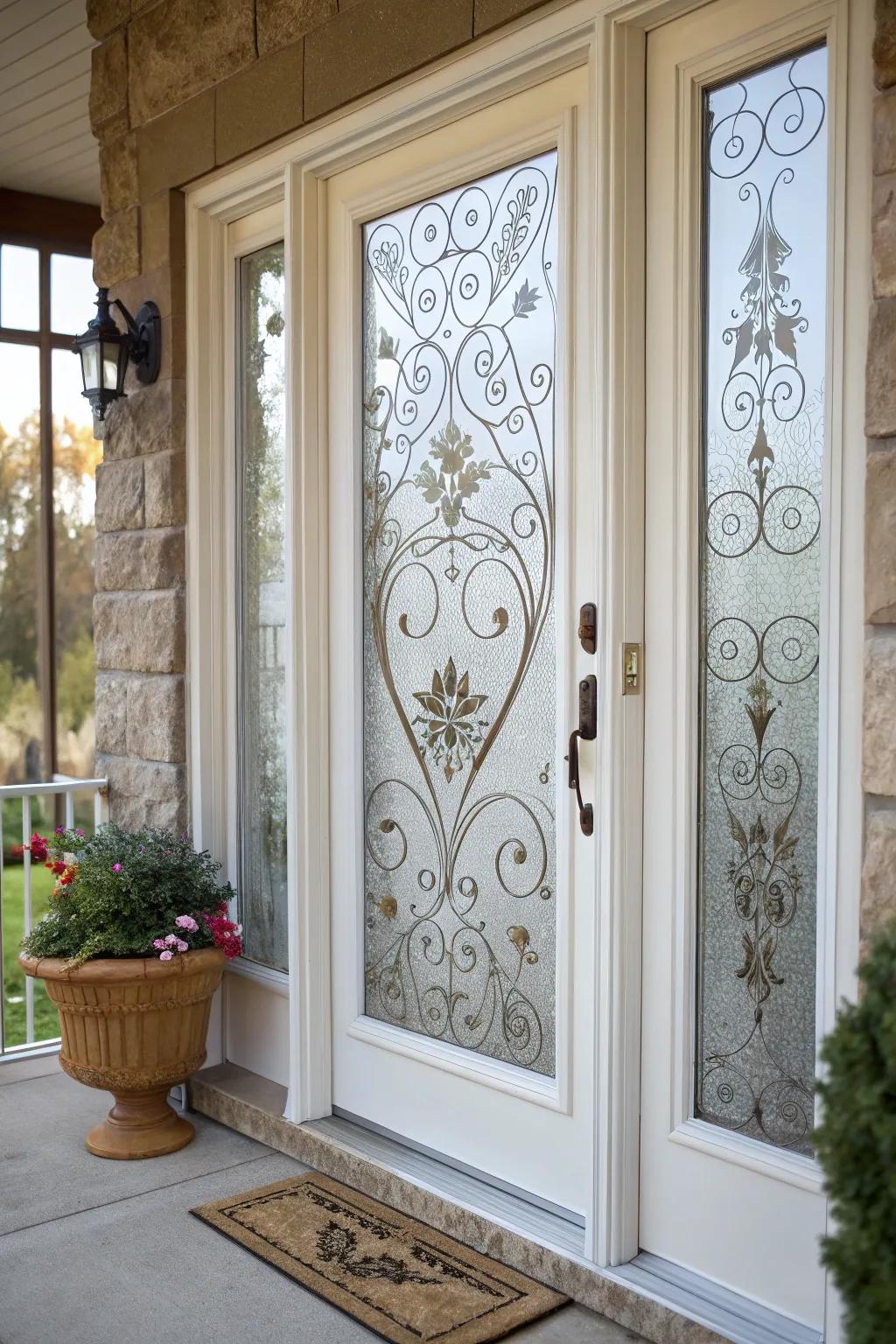 Artistic window film applied to a doorway for extra privacy.