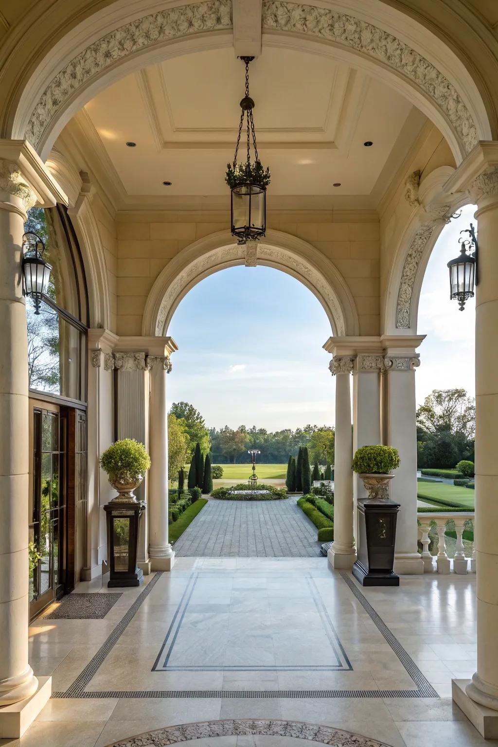 Columns and arches add a sense of grandeur to this front entrance.