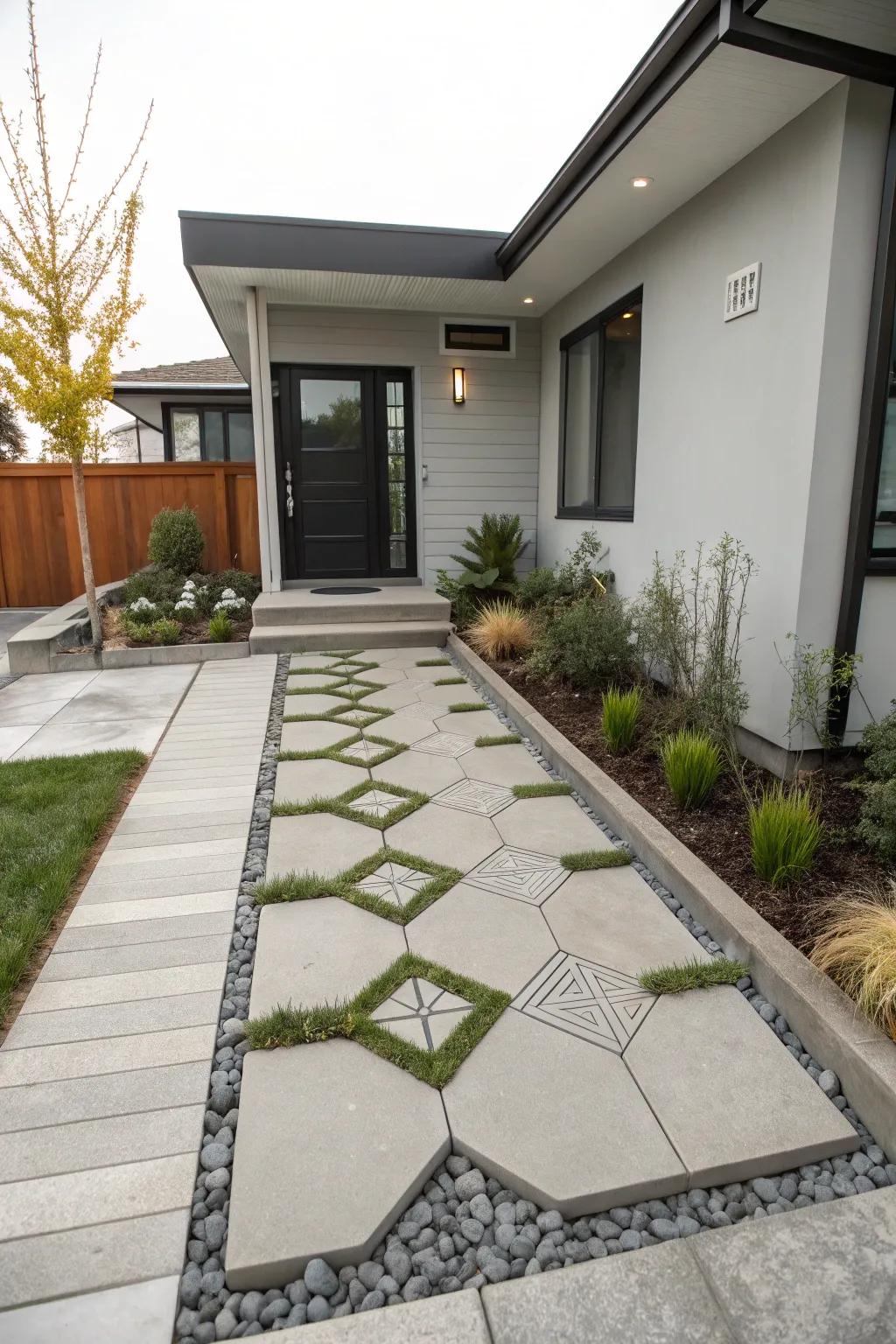 Sleek concrete pavers provide a stylish and refined entrance.