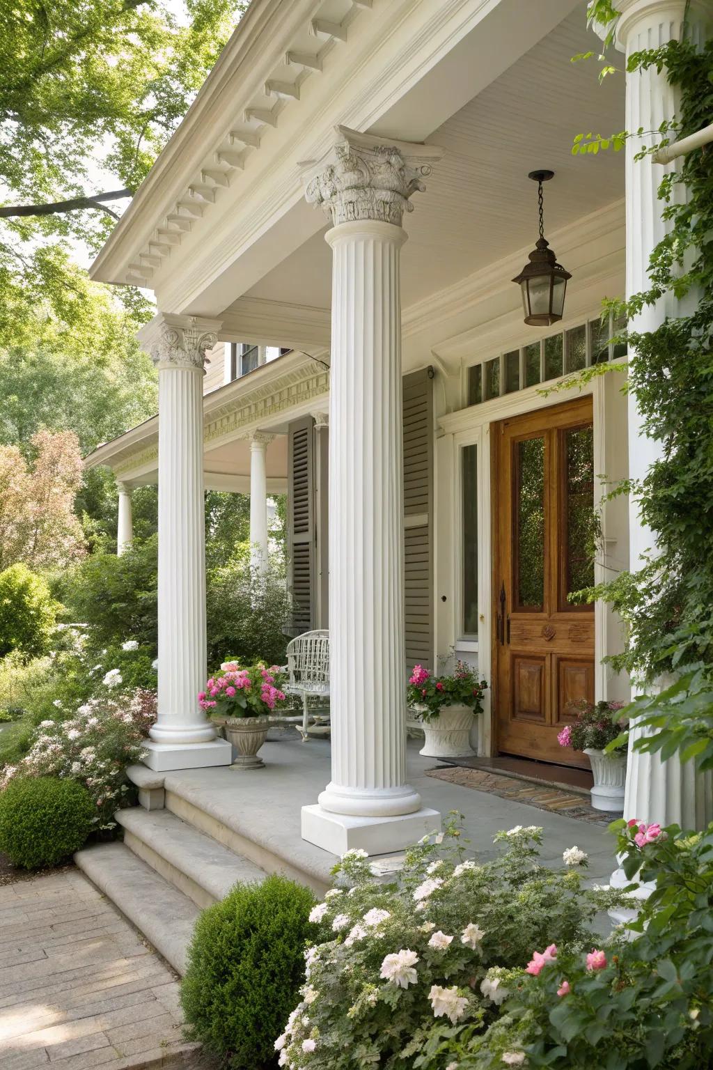 The use of white columns lends a timeless and graceful style to any front porch.