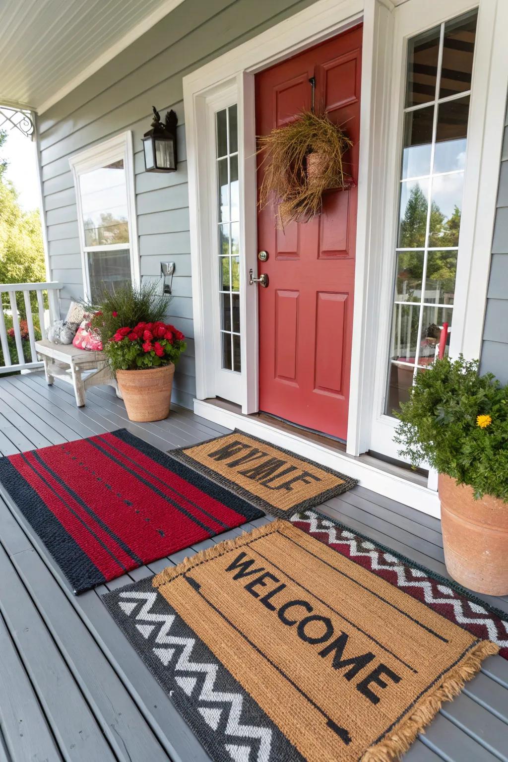 Layered carpets on a front porch adding texture and warmth.