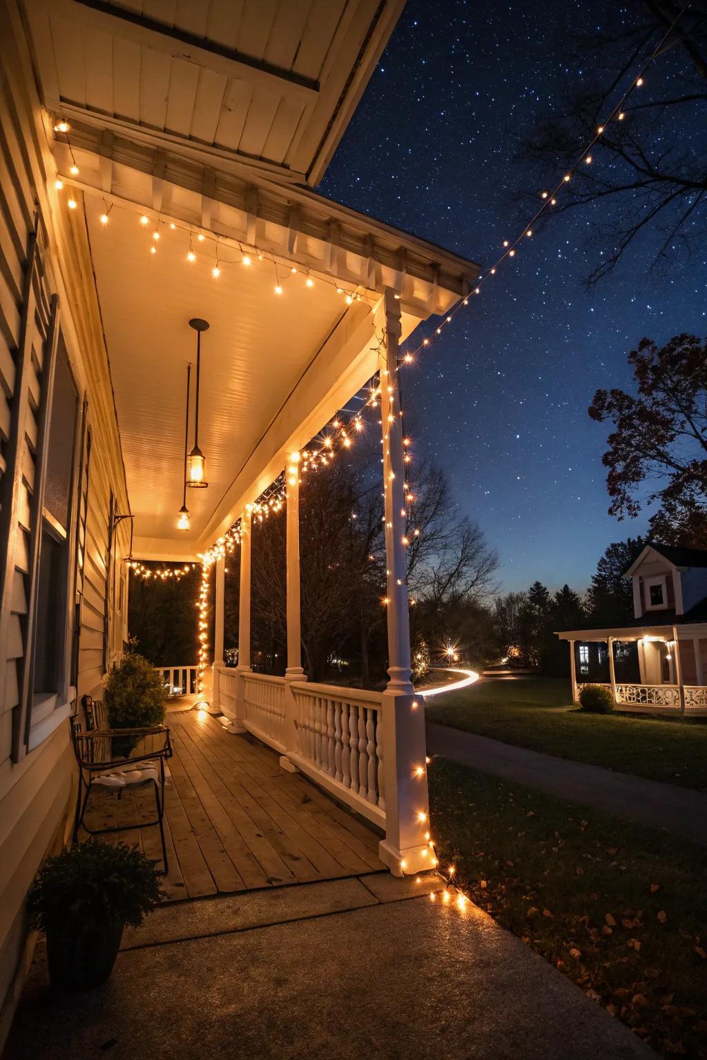 Cozy and inviting with string lights.