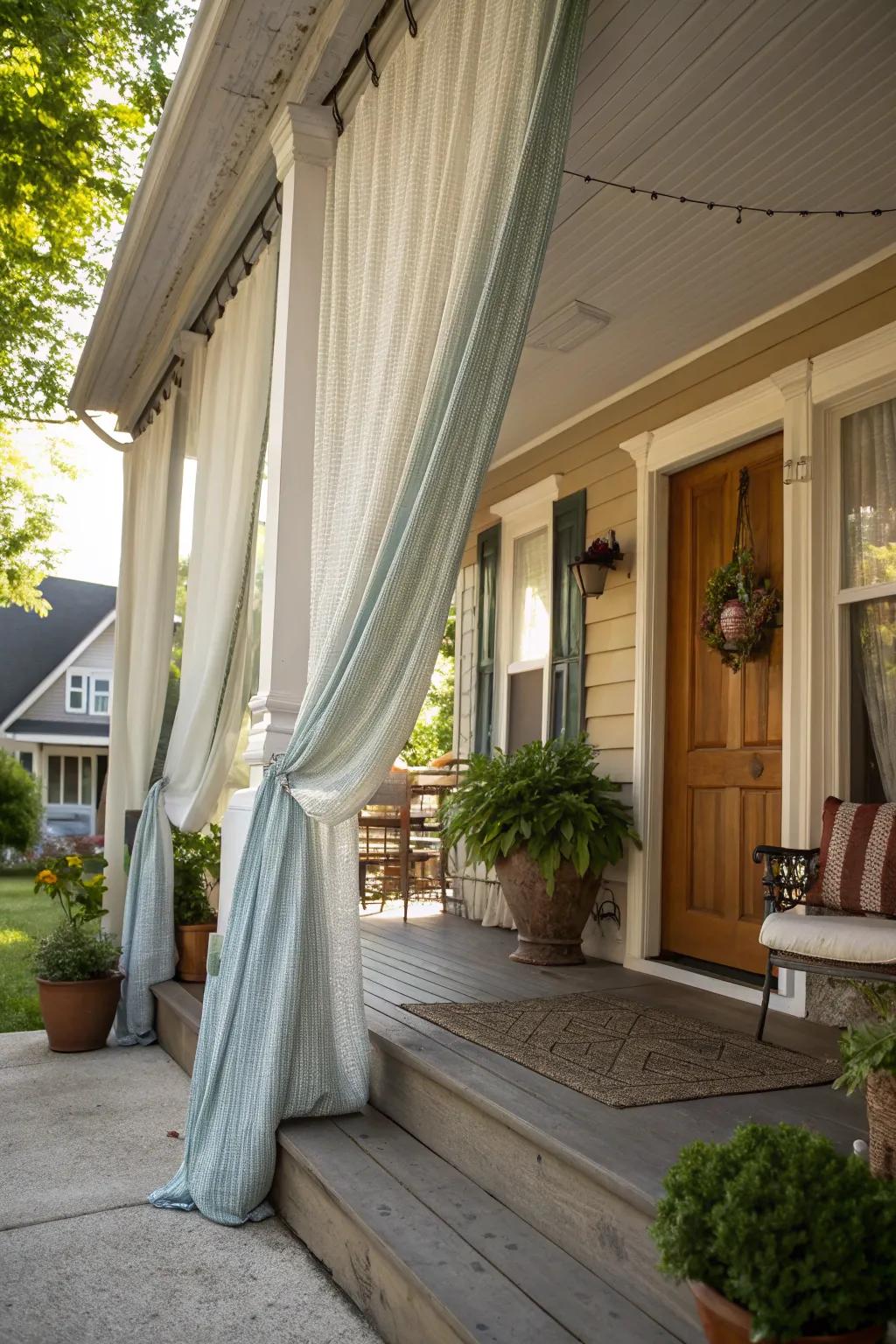 Exterior drapery offering seclusion and refinement on an enchanting front porch.