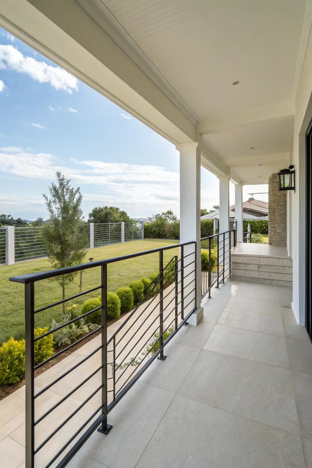 A contemporary porch featuring minimalist metal railings for a modern flair.