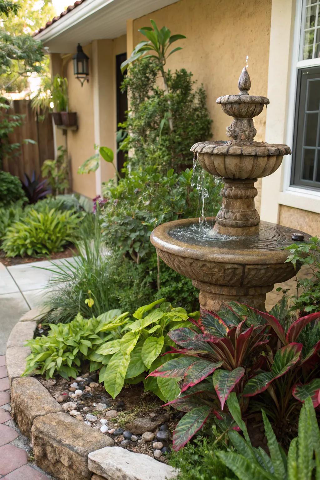 A delightful water feature breathes life into a front yard corner.