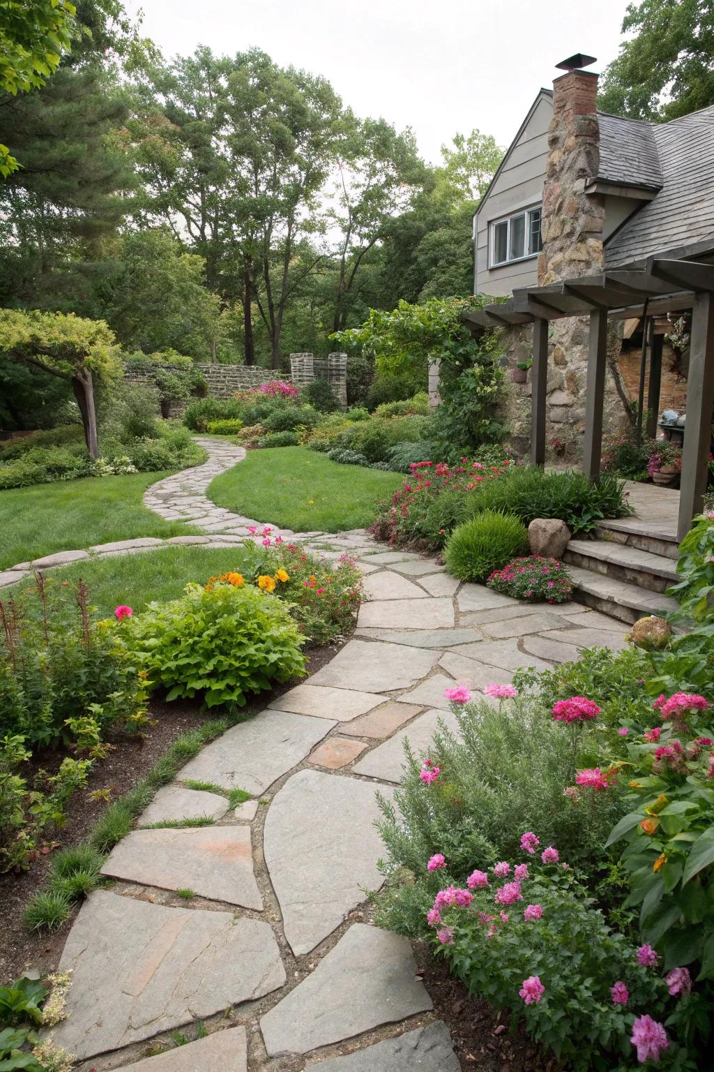 Charming stone pathways lead guests through a lush courtyard.