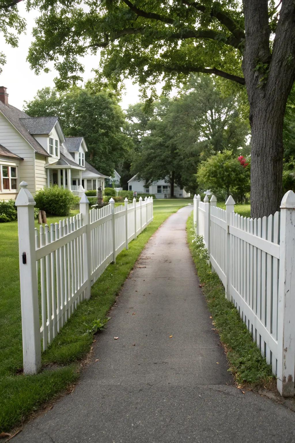 A classic white picket fence lends timeless appeal to this inviting front yard.