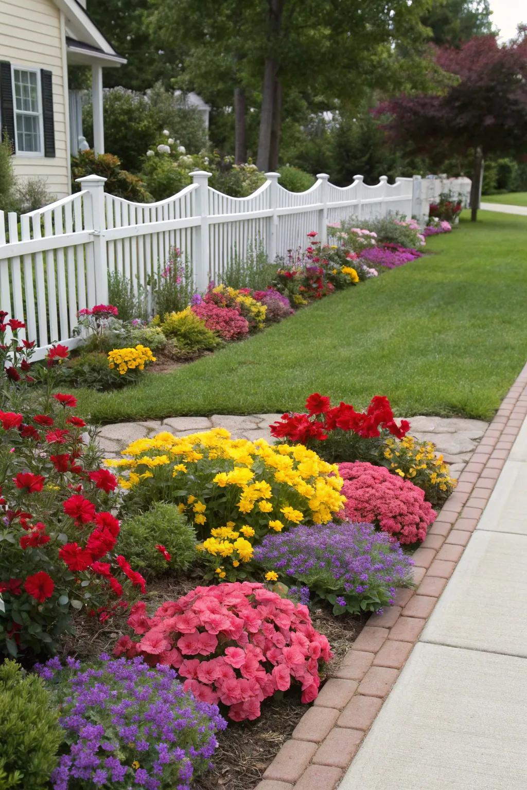 The daring color contrasts in these flower beds forge a mesmerizing visual impact.