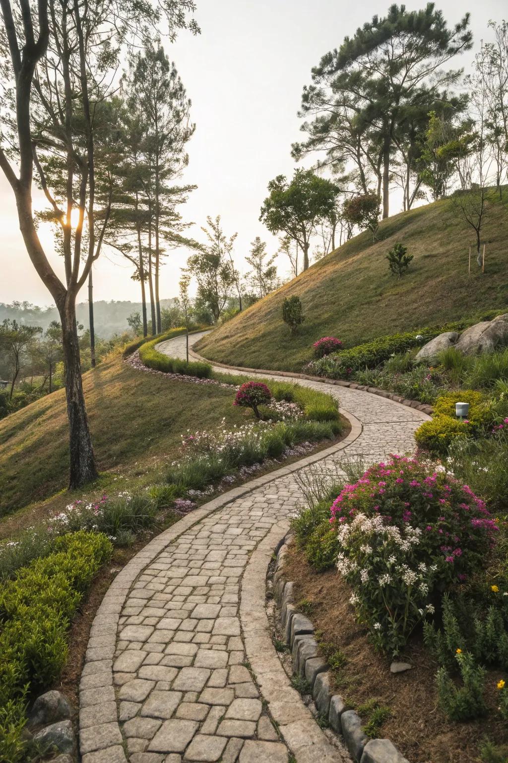 Stone walkways fashion a natural progression through your front yard hill.