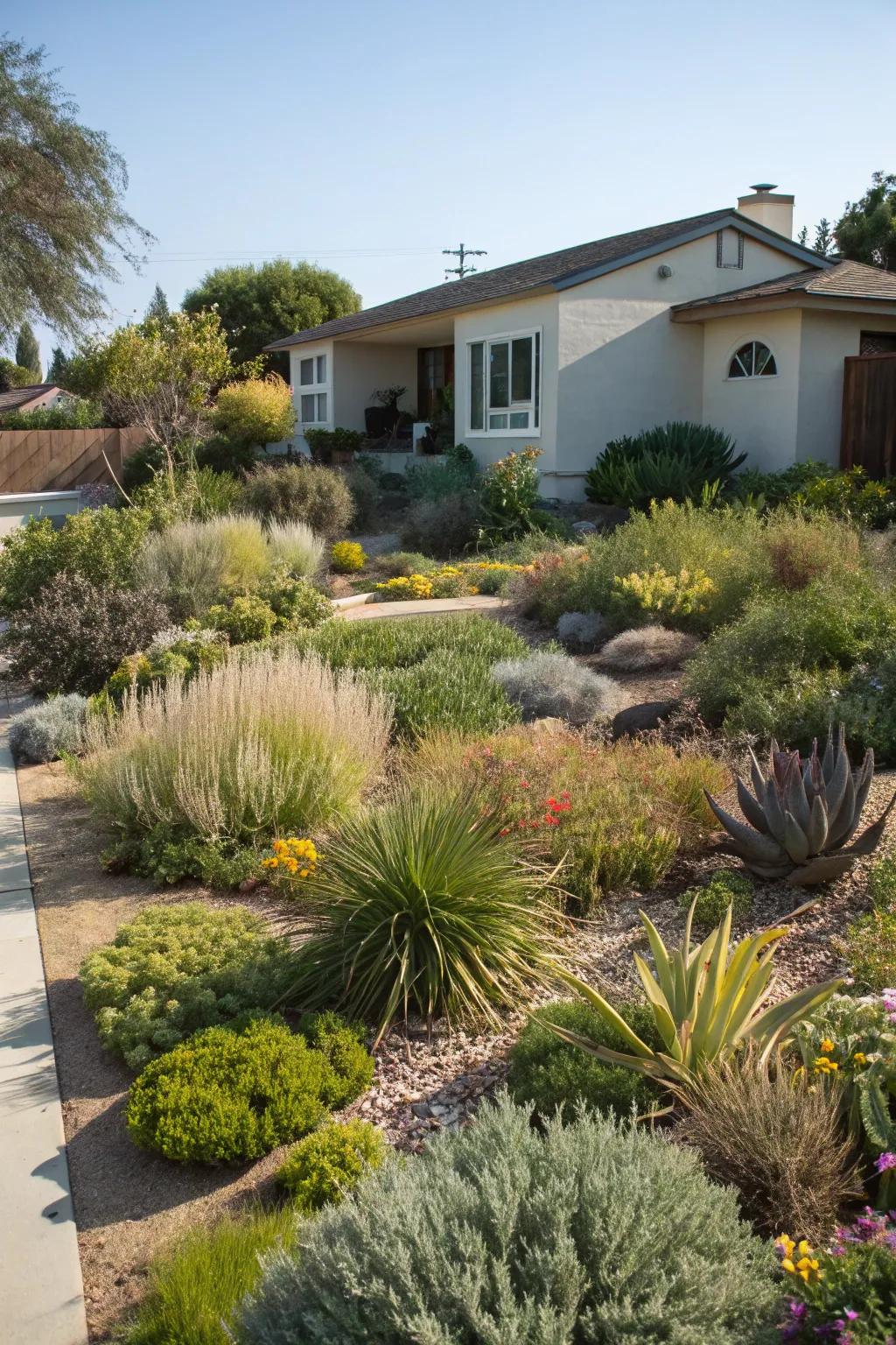 Local flora provides ecological value and hardiness.