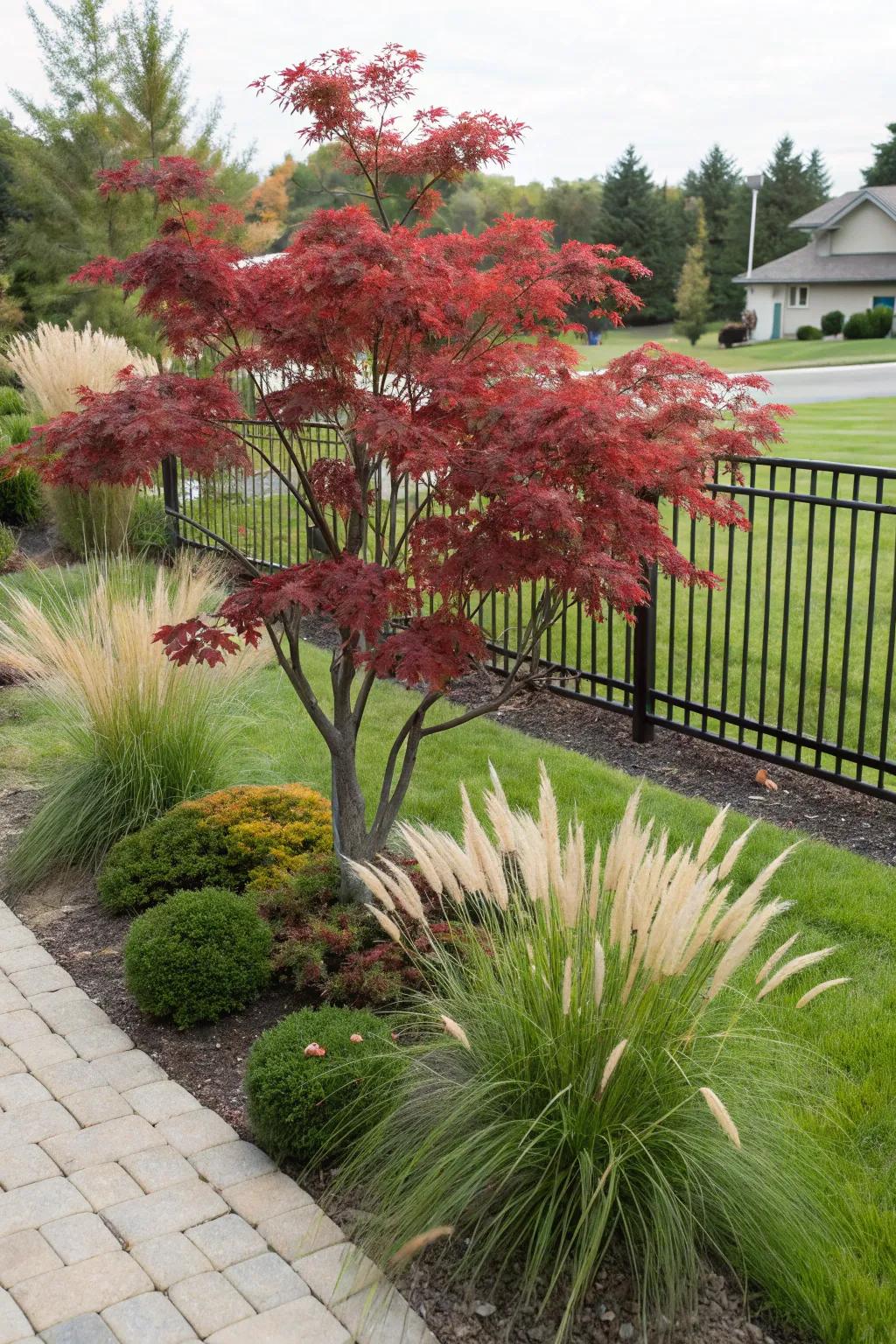 The natural beauty of the yard is enhanced by ornamental grasses that complement the structure of the Japanese maple tree.