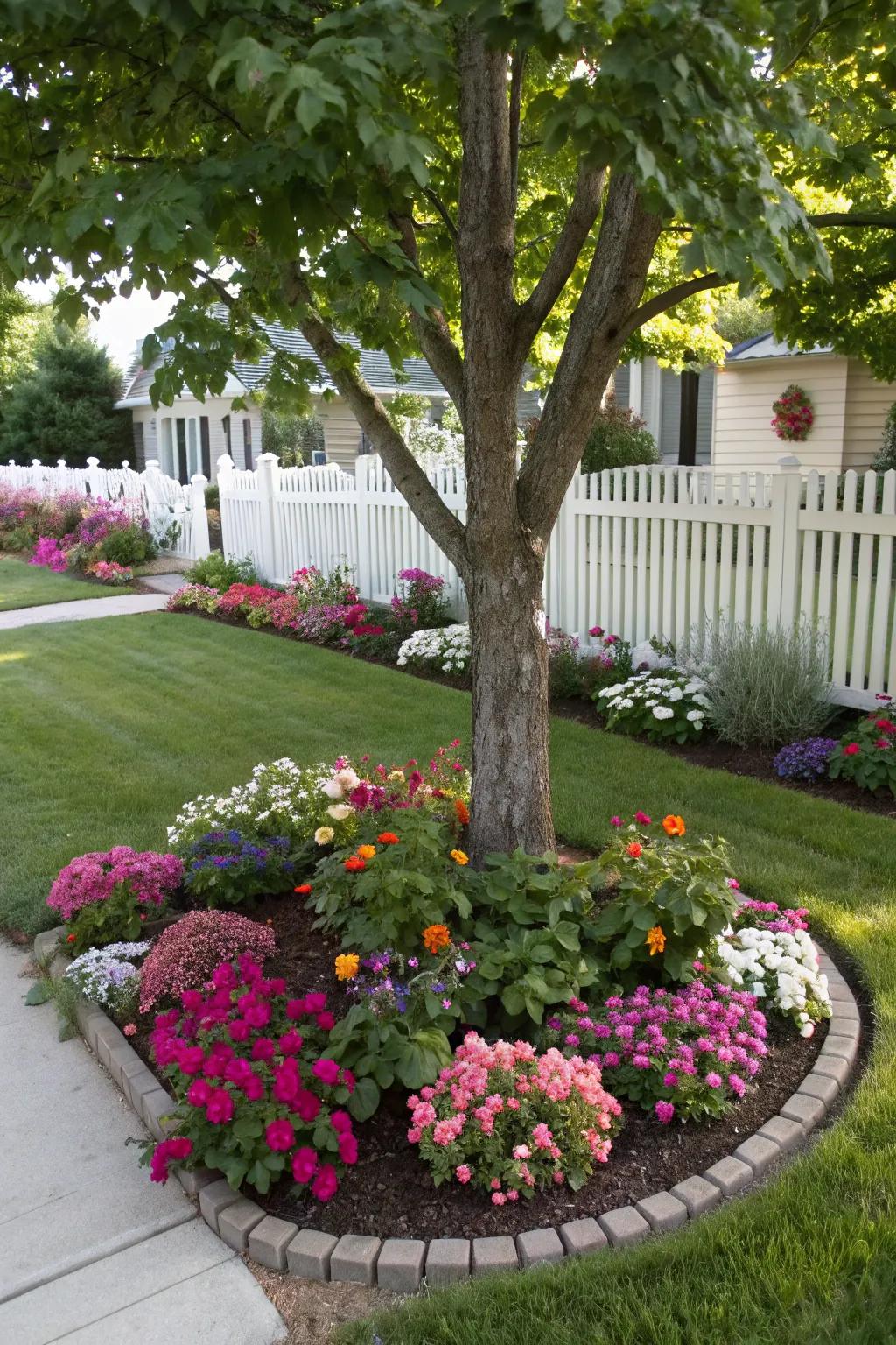 Floral patches infuse vibrancy and vitality into the area surrounding the tree's base.