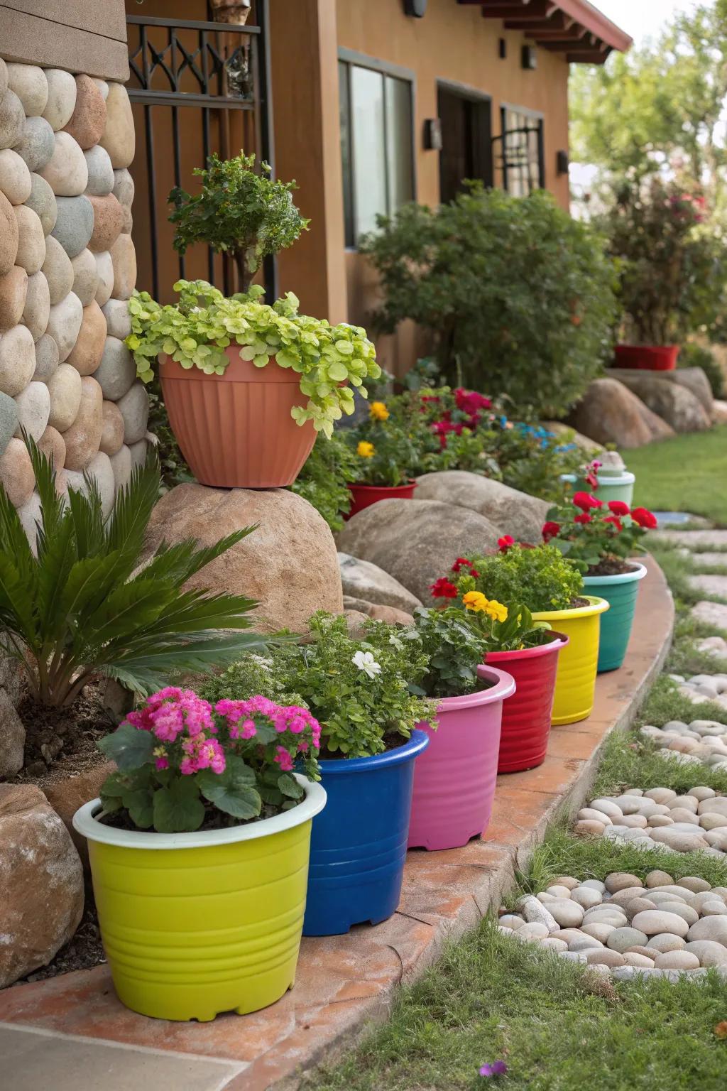 Dynamic vase flora adds vitality to a stone-accented garden.