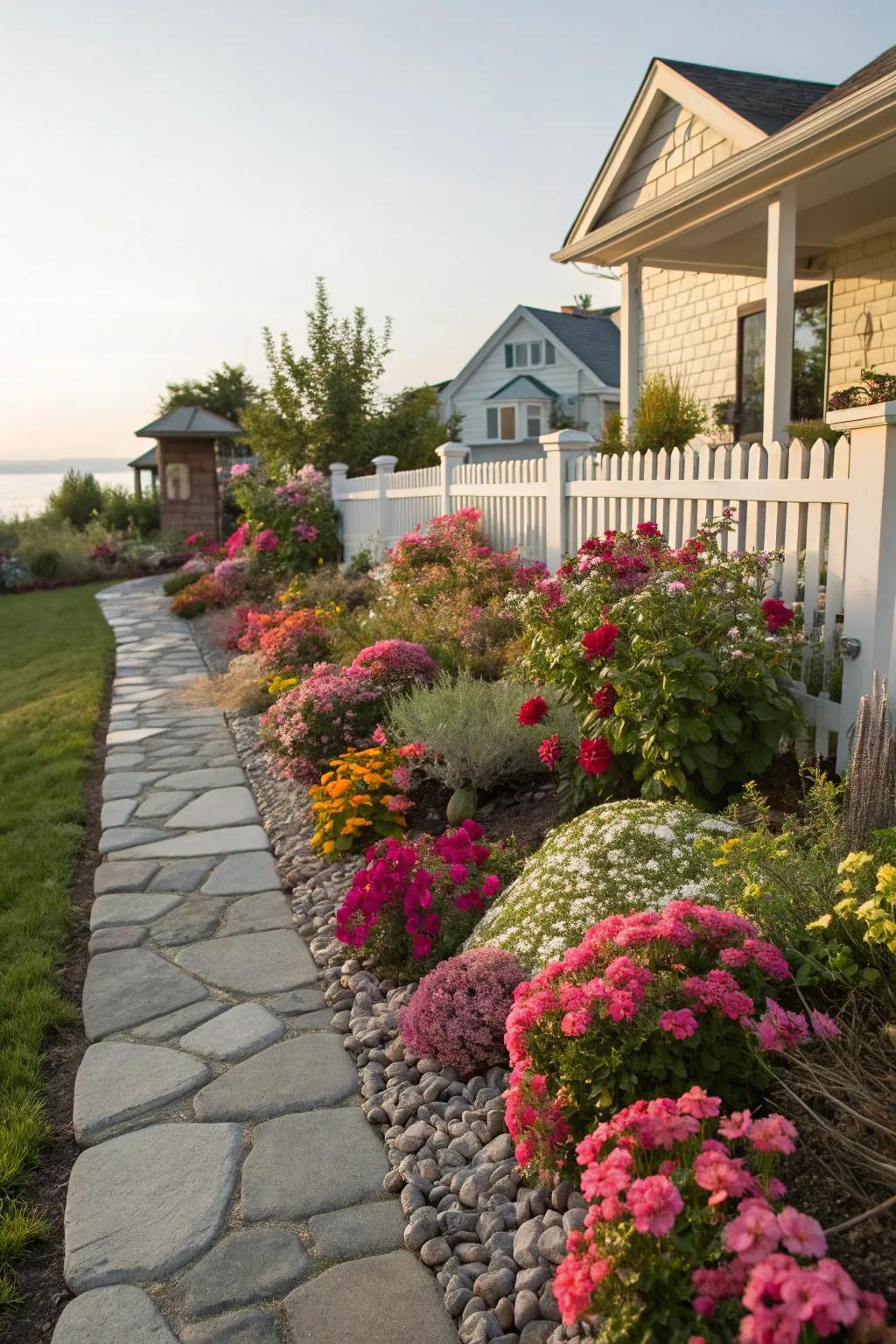Vibrant flowers outline the walkway, injecting joy and energy.