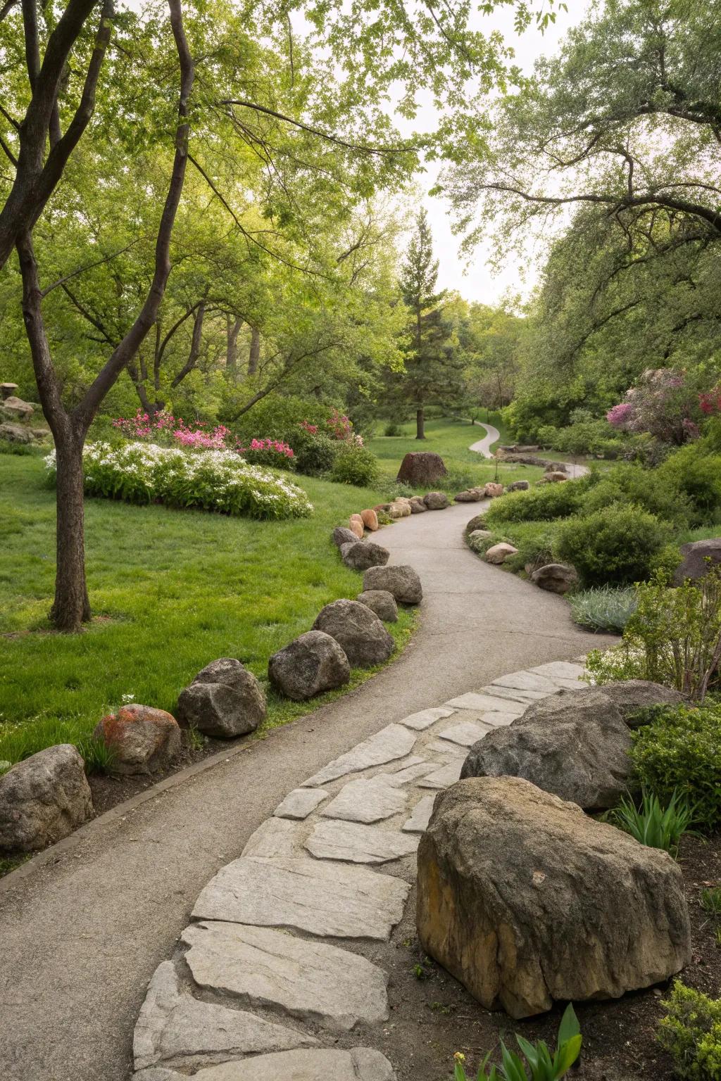 A delightful garden path, bordered by natural stone features.