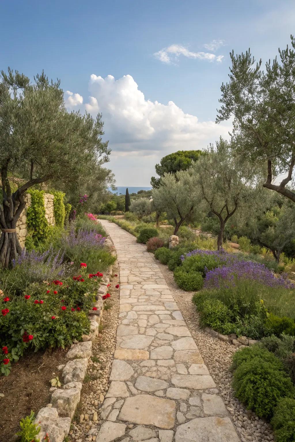 A countryside stone and gravel walkway imparts time-honored appeal to this front yard.