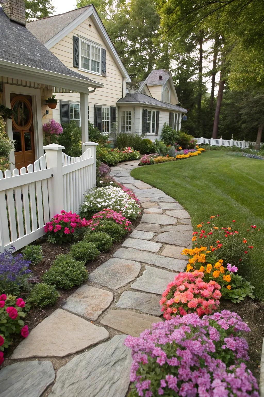 Colorful flower beds add a burst of life to any front yard.