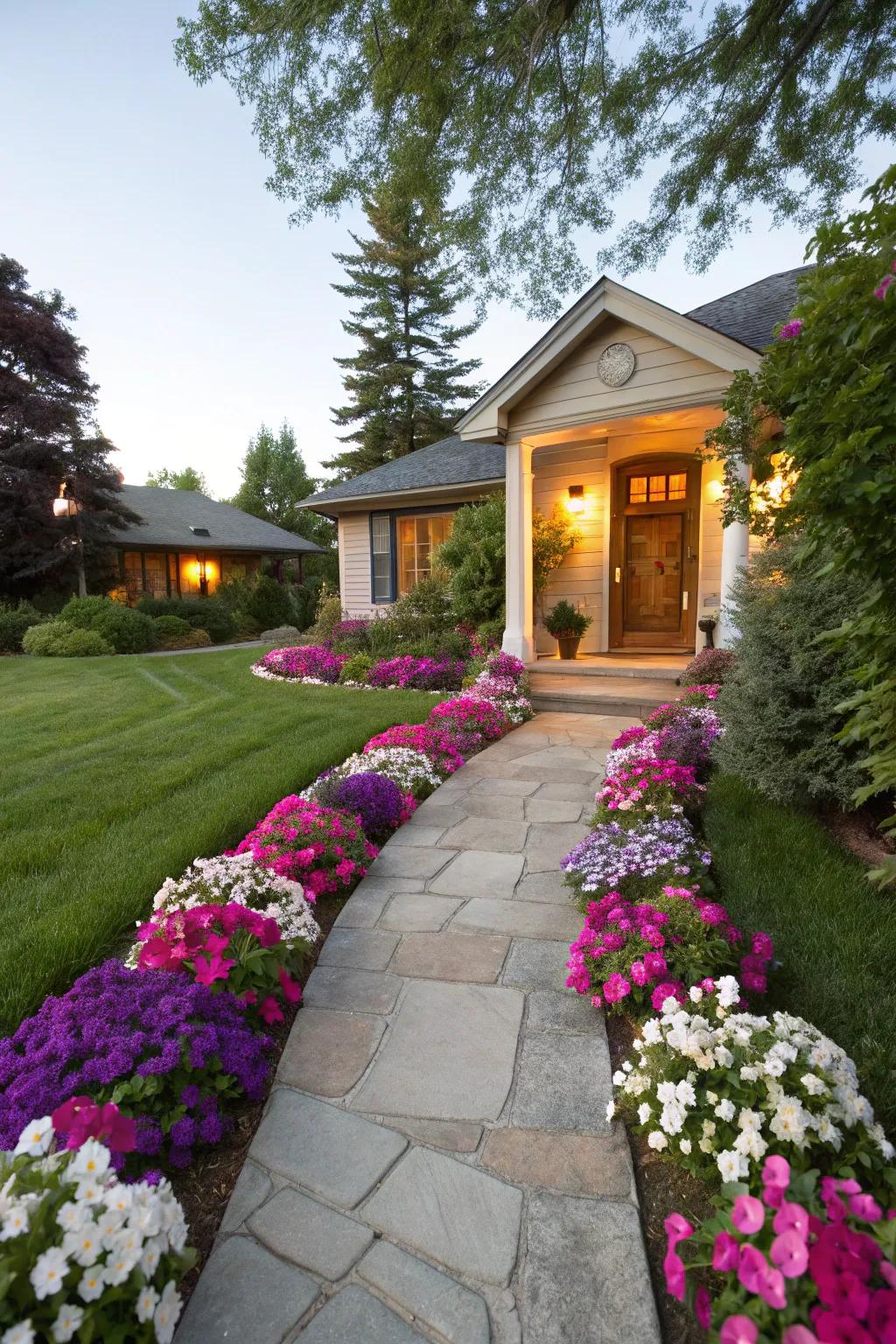 Invite visitors with walkways bordered by petunias.