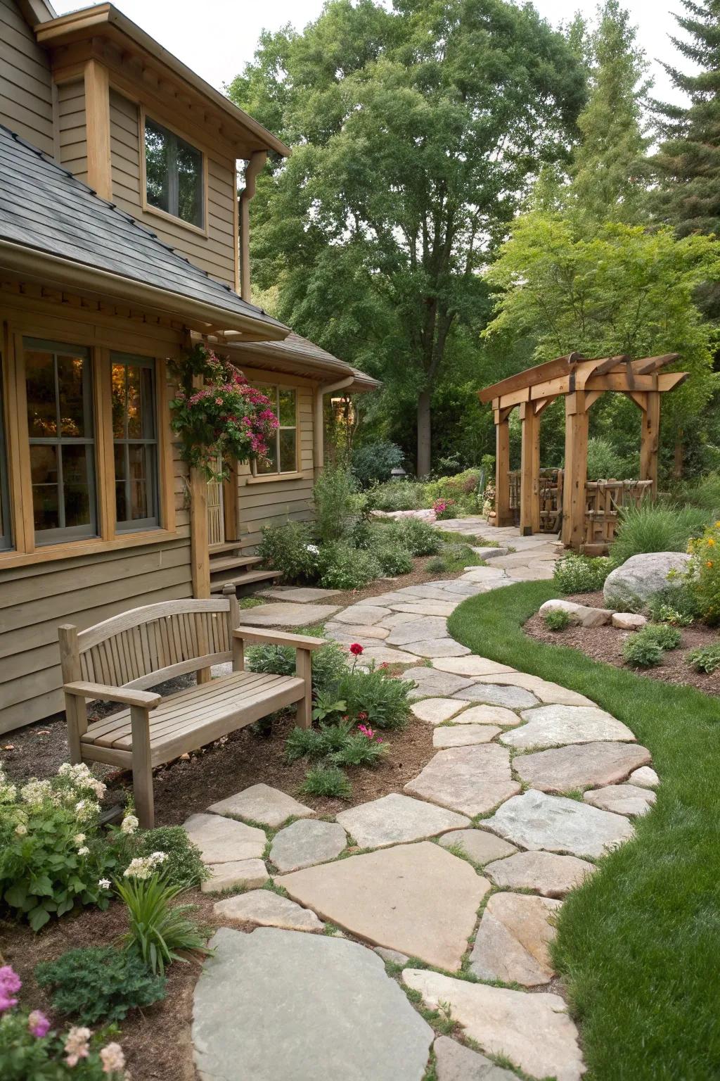 Paths made of natural stone enhance the attractiveness of the ranch home.
