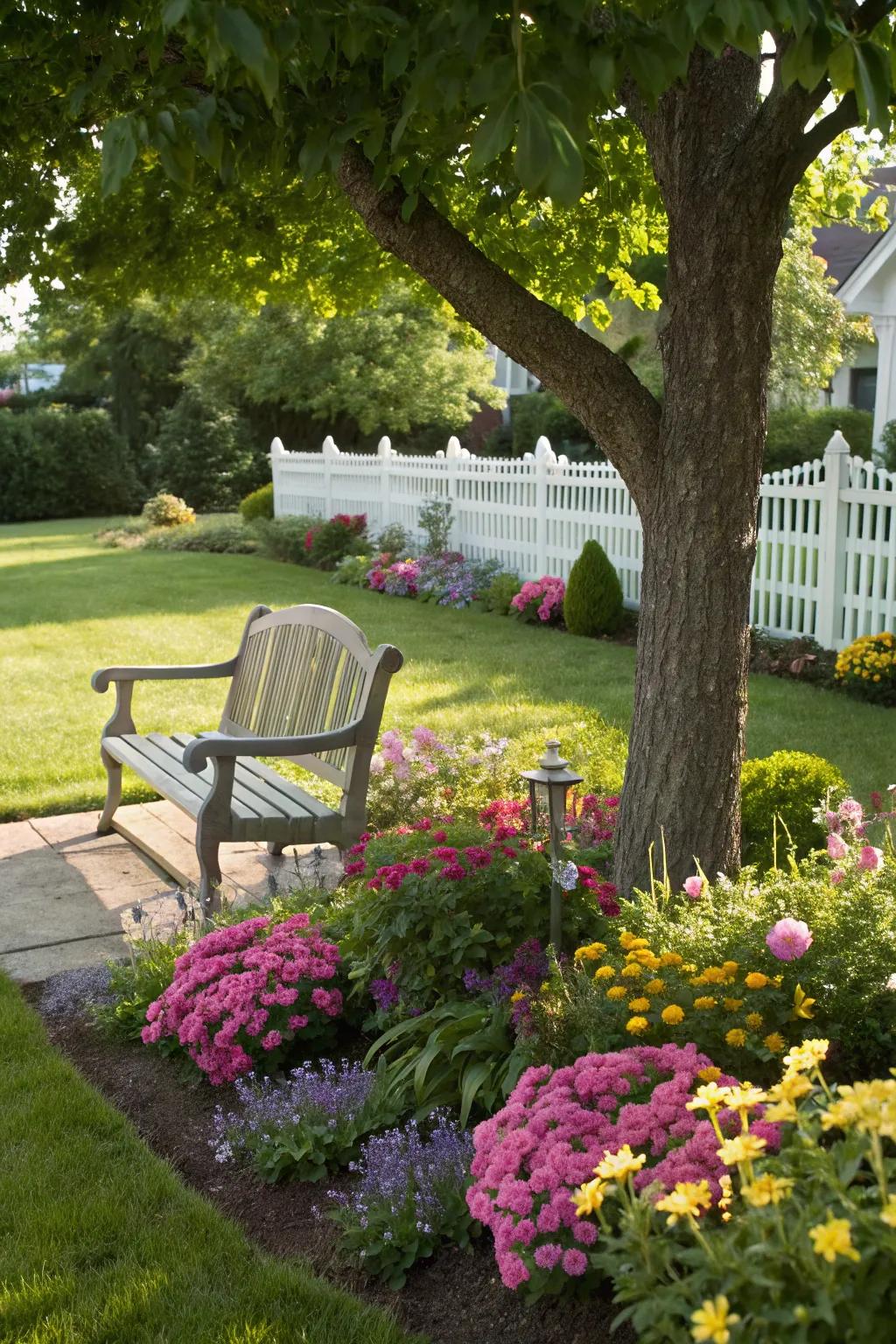 Discover serenity with a garden bench retreat in your front yard.